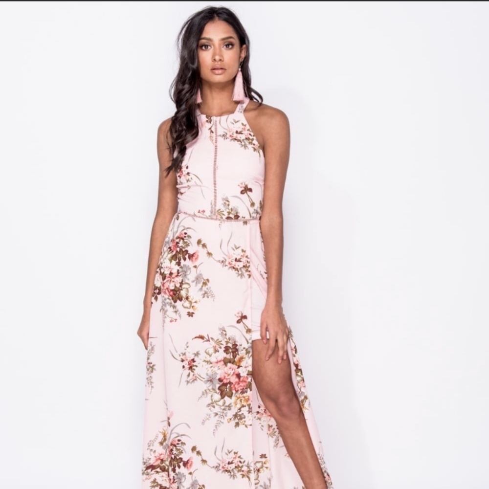 Pink Floral Thigh Split Maxi Dress